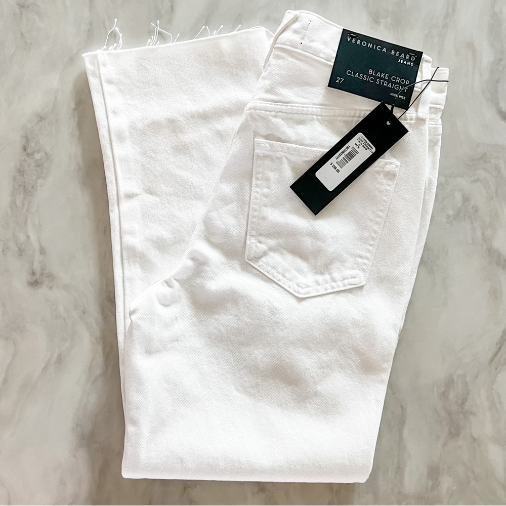 NWT Veronica Beard Blake White Denim Distressed Cropped Straight Leg Jeans